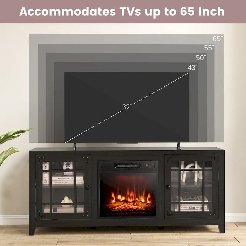 Meuble TV de cheminée de 58 pouces avec étagères réglables à 3 positions et 2 armoires avec portes