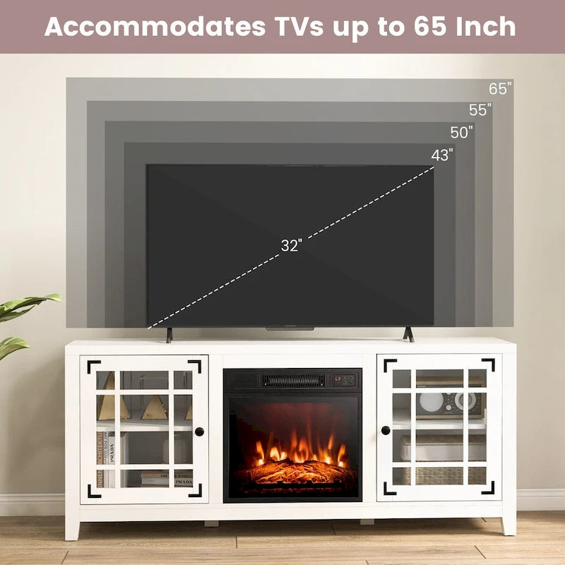 Meuble TV de cheminée de 58 pouces avec étagères réglables à 3 positions et 2 armoires avec portes