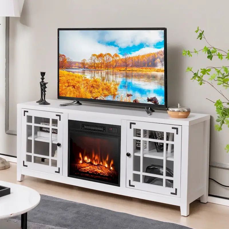 Meuble TV de cheminée de 58 pouces avec étagères réglables à 3 positions et 2 armoires avec portes