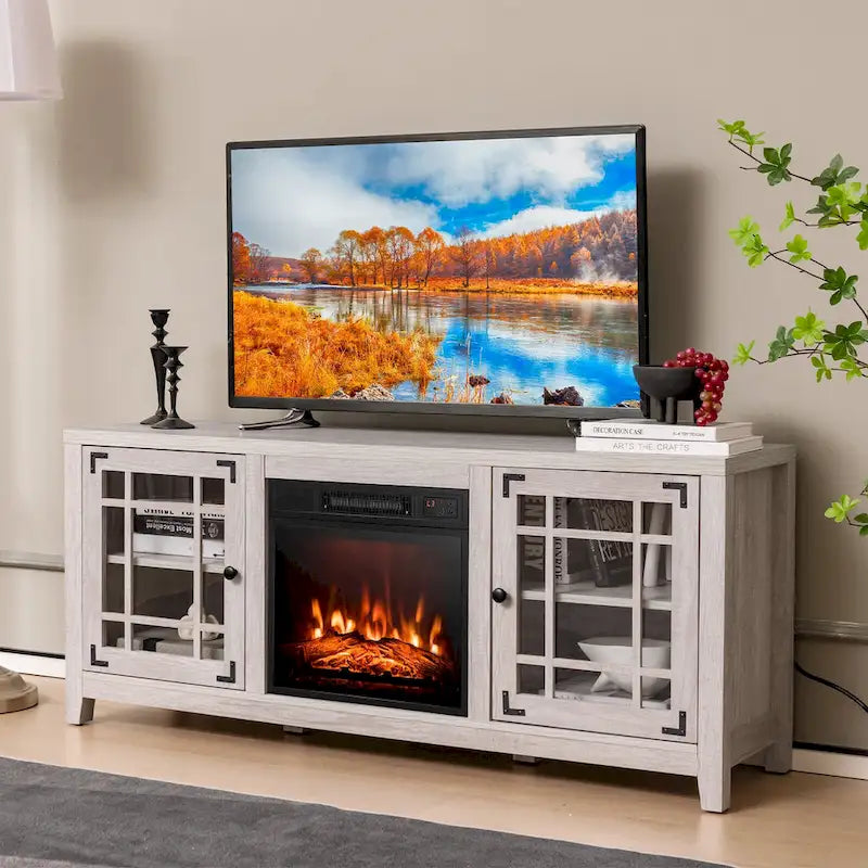 Meuble TV de cheminée de 58 pouces avec étagères réglables à 3 positions et 2 armoires avec portes