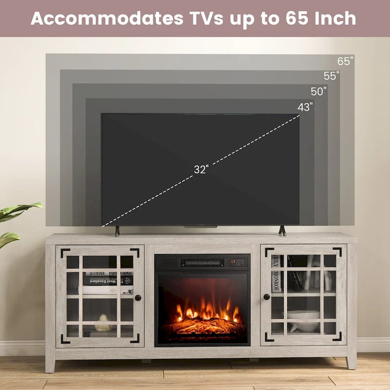 Meuble TV de cheminée de 58 pouces avec étagères réglables à 3 positions et 2 armoires avec portes