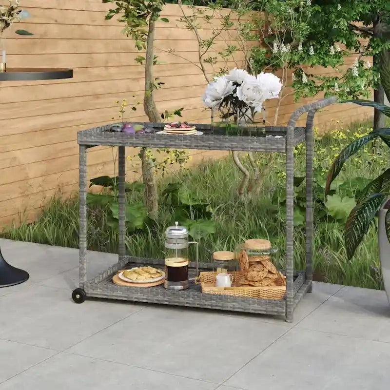 vidaXL Chariot de Bar d'Extérieur 2 Niveaux Desserte Roulante Chariot de Service en Rotin PE - 100 x 45 x 83 cm
