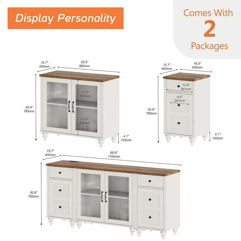 Meuble TV LED pour téléviseur 75 pouces, ensemble meuble TV et table d'appoint 3-en-1, blanc - 67 pouces