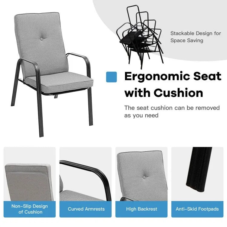 Lot de 4 chaises de salle à manger empilables de jardin avec coussins à dossier haut - 29 x 22 x 35,5 (L x l x H)