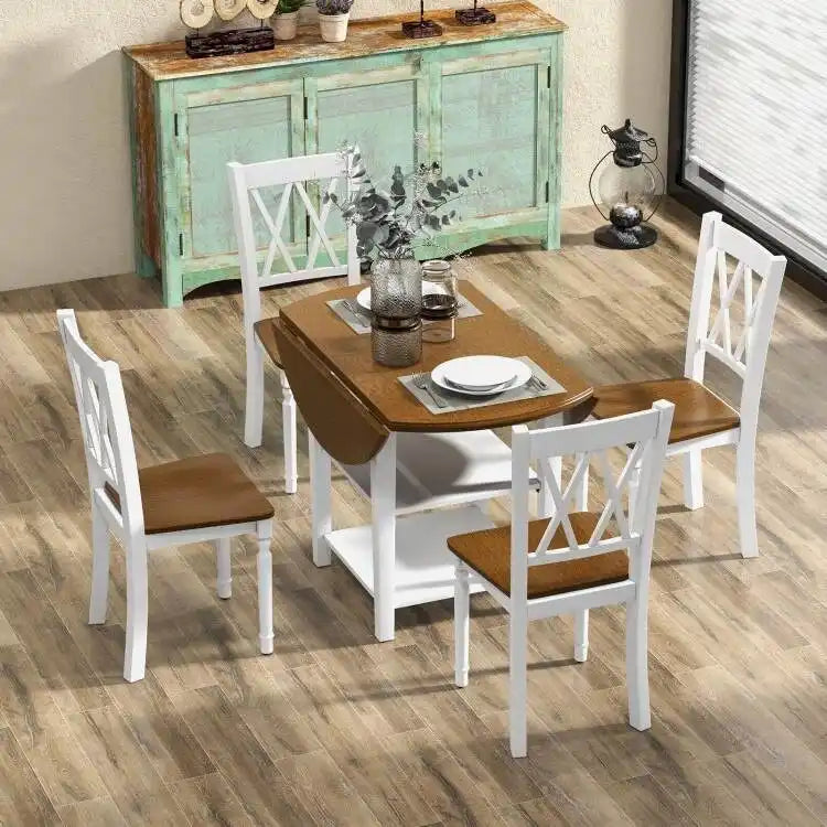 Ensemble de salle à manger rond à abattants avec 4 chaises en finition bois blanc/noyer