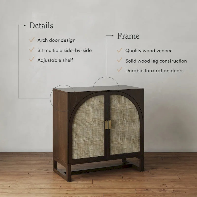 Meuble de rangement Paxton Boho en bois avec portes, petit meuble de rangement ou meuble TV avec détails en rotin