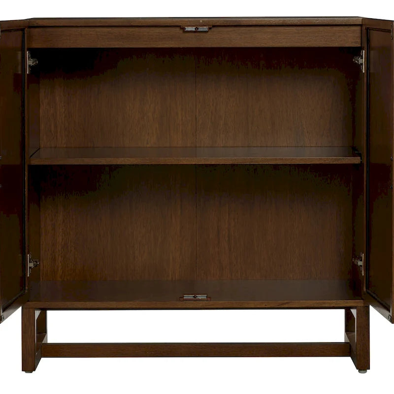 Meuble de rangement Paxton Boho en bois avec portes, petit meuble de rangement ou meuble TV avec détails en rotin