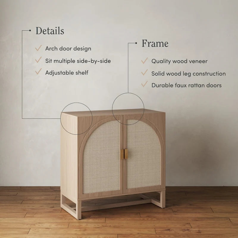 Meuble de rangement Paxton Boho en bois avec portes, petit meuble de rangement ou meuble TV avec détails en rotin