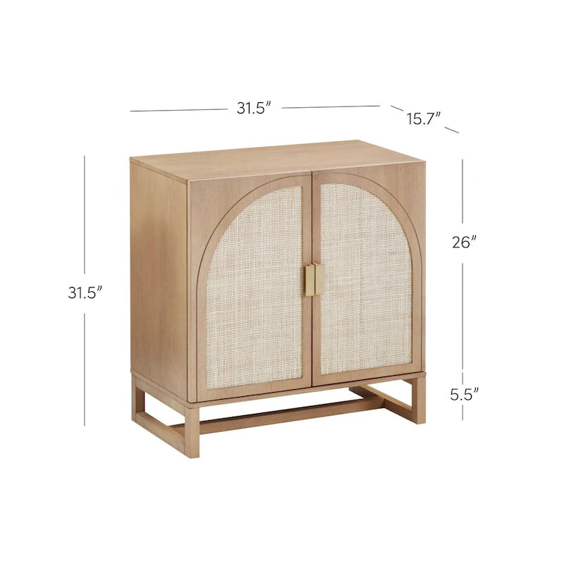 Meuble de rangement Paxton Boho en bois avec portes, petit meuble de rangement ou meuble TV avec détails en rotin
