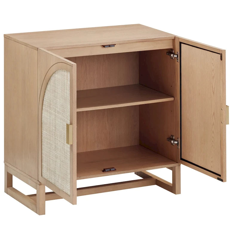Meuble de rangement Paxton Boho en bois avec portes, petit meuble de rangement ou meuble TV avec détails en rotin
