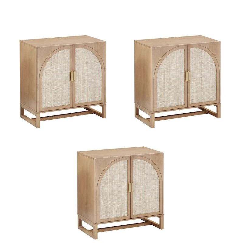 Meuble de rangement Paxton Boho en bois avec portes, petit meuble de rangement ou meuble TV avec détails en rotin