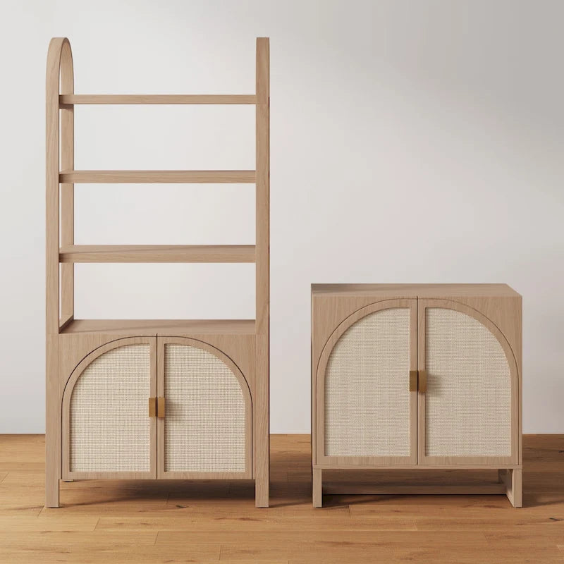 Meuble de rangement Paxton Boho en bois avec portes, petit meuble de rangement ou meuble TV avec détails en rotin