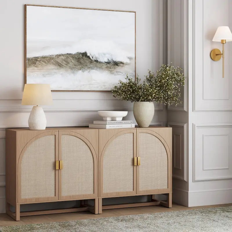 Meuble de rangement Paxton Boho en bois avec portes, petit meuble de rangement ou meuble TV avec détails en rotin