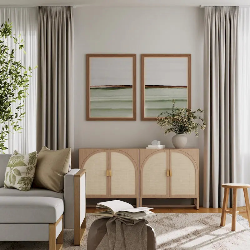 Meuble de rangement Paxton Boho en bois avec portes, petit meuble de rangement ou meuble TV avec détails en rotin