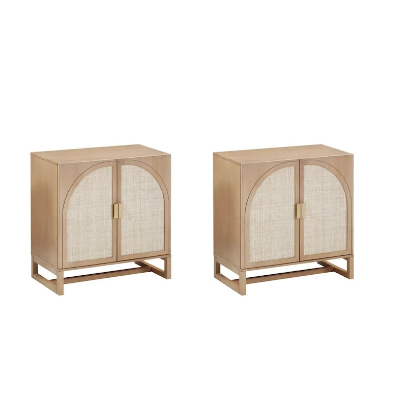 Meuble de rangement Paxton Boho en bois avec portes, petit meuble de rangement ou meuble TV avec détails en rotin