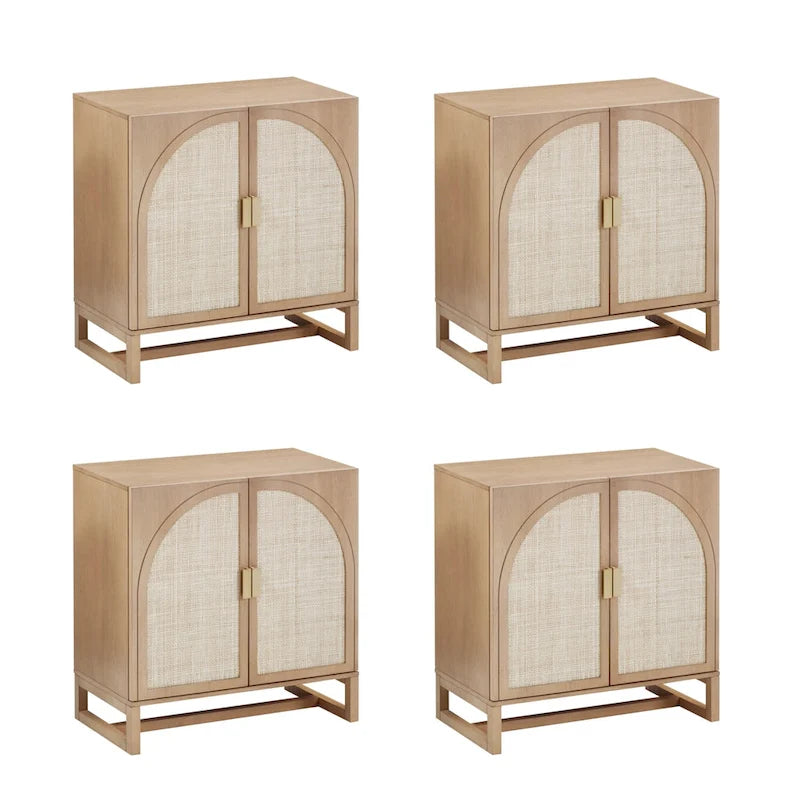 Meuble de rangement Paxton Boho en bois avec portes, petit meuble de rangement ou meuble TV avec détails en rotin