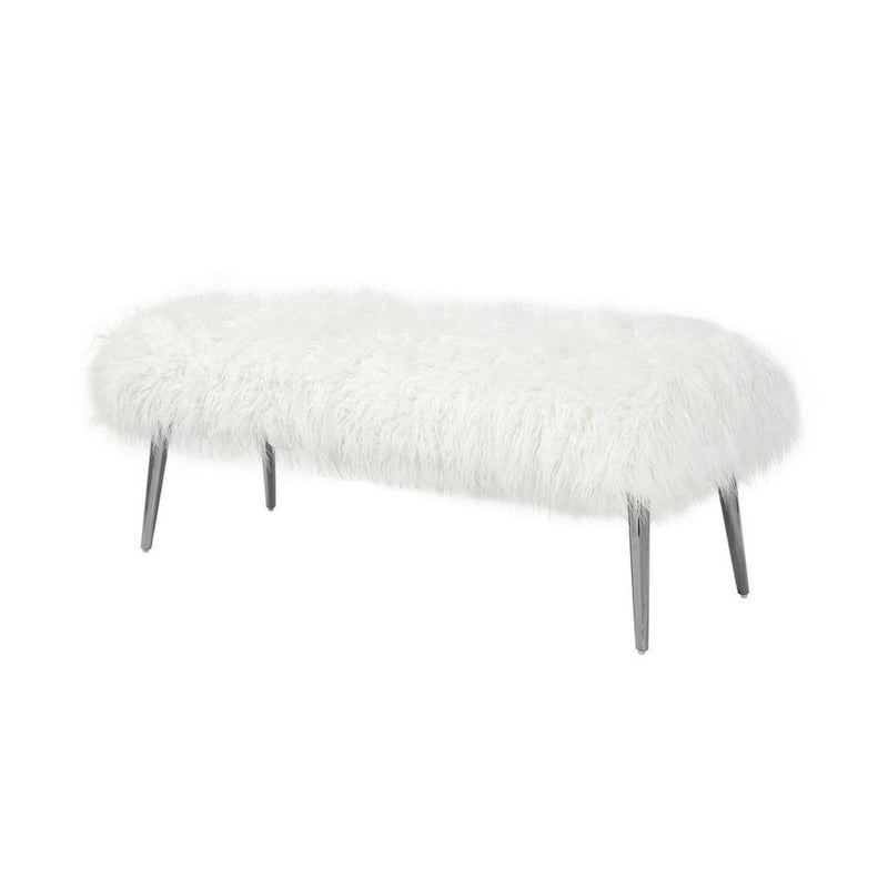 Banc Ammy de 45 po avec assise rembourrée en mousse, fausse fourrure blanche, pieds en métal argenté