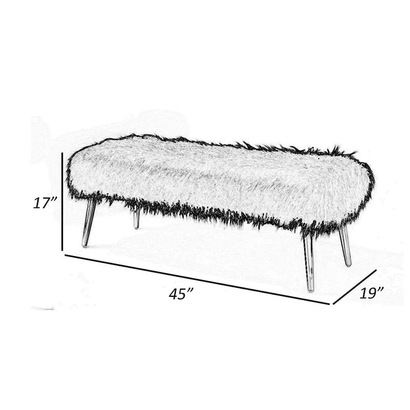 Banc Ammy de 45 po avec assise rembourrée en mousse, fausse fourrure blanche, pieds en métal argenté