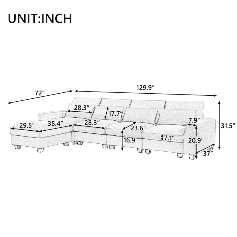 Canapé sectionnel d'angle moderne et convertible avec remplissage en plumes et méridienne réversible - 129.9L x 72P x 31.5H