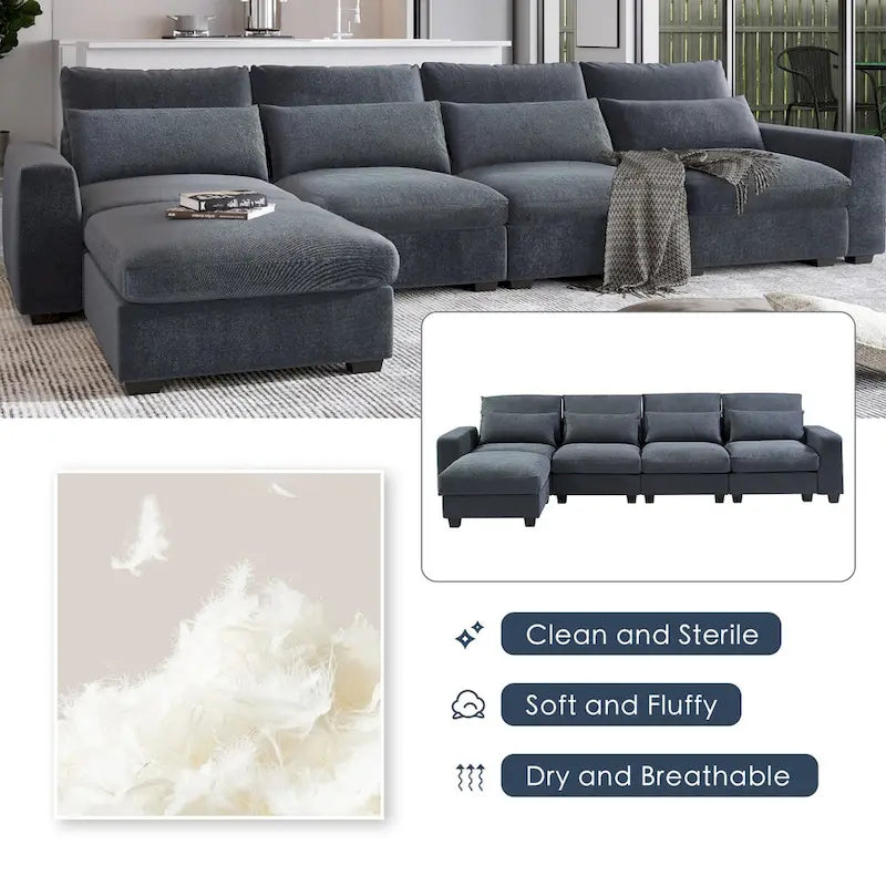 Canapé sectionnel d'angle moderne et convertible avec remplissage en plumes et méridienne réversible - 129.9L x 72P x 31.5H