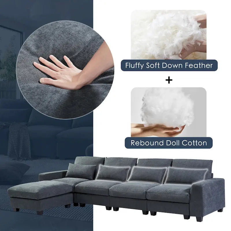 Canapé sectionnel d'angle moderne et convertible avec remplissage en plumes et méridienne réversible - 129.9L x 72P x 31.5H