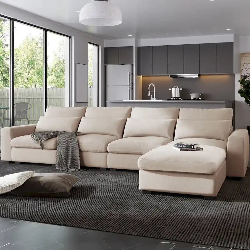 Canapé sectionnel d'angle moderne et convertible avec remplissage en plumes et méridienne réversible - 129.9L x 72P x 31.5H