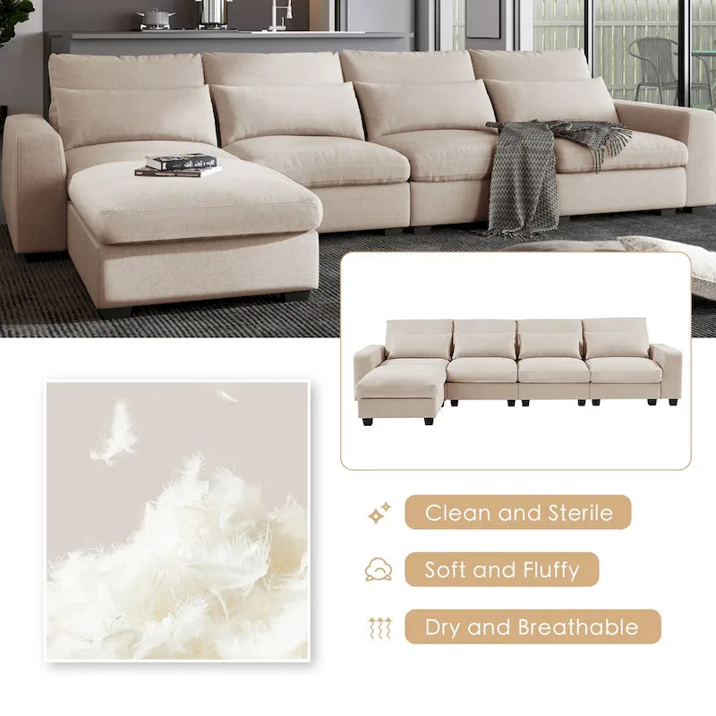 Canapé sectionnel d'angle moderne et convertible avec remplissage en plumes et méridienne réversible - 129.9L x 72P x 31.5H