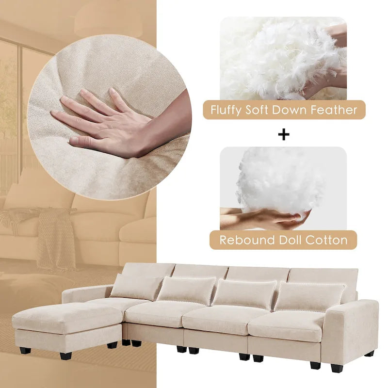 Canapé sectionnel d'angle moderne et convertible avec remplissage en plumes et méridienne réversible - 129.9L x 72P x 31.5H