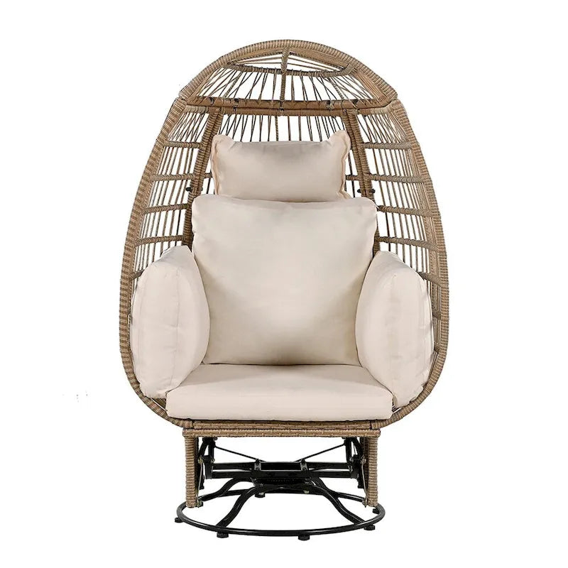 Fauteuil pivotant de jardin en rotin en forme d'œuf avec coussins et fonction à bascule