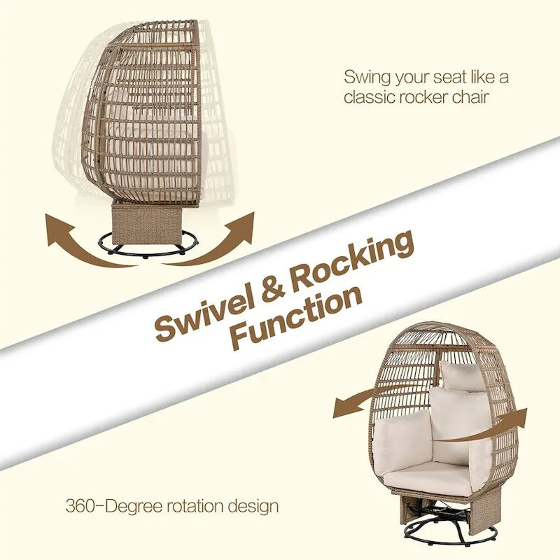 Fauteuil pivotant de jardin en rotin en forme d'œuf avec coussins et fonction à bascule