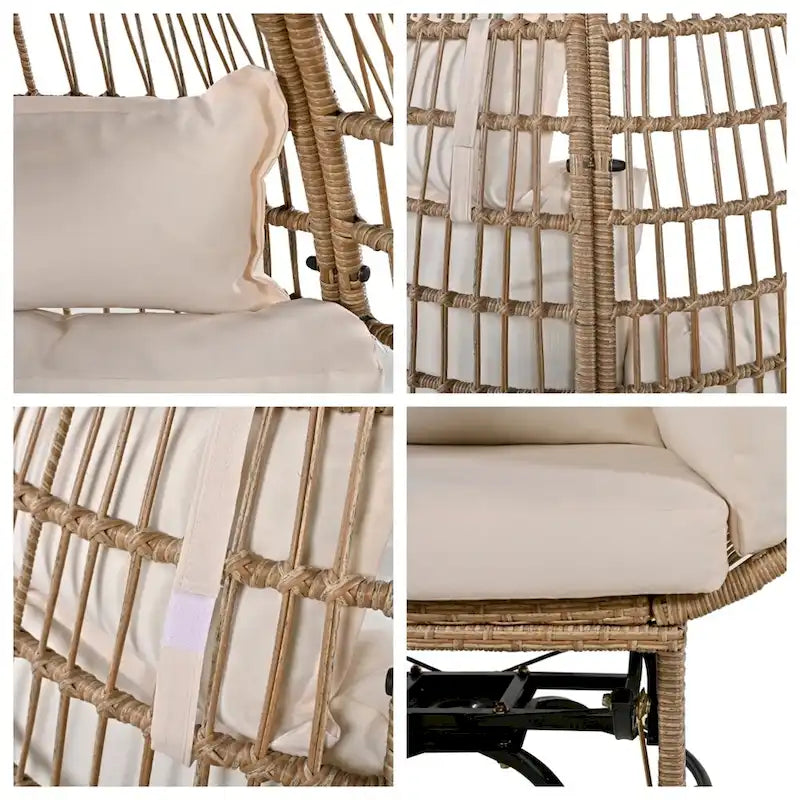 Fauteuil pivotant de jardin en rotin en forme d'œuf avec coussins et fonction à bascule