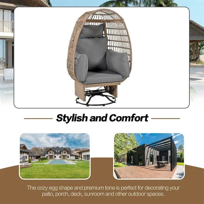 Fauteuil pivotant de jardin en rotin en forme d'œuf avec coussins et fonction à bascule