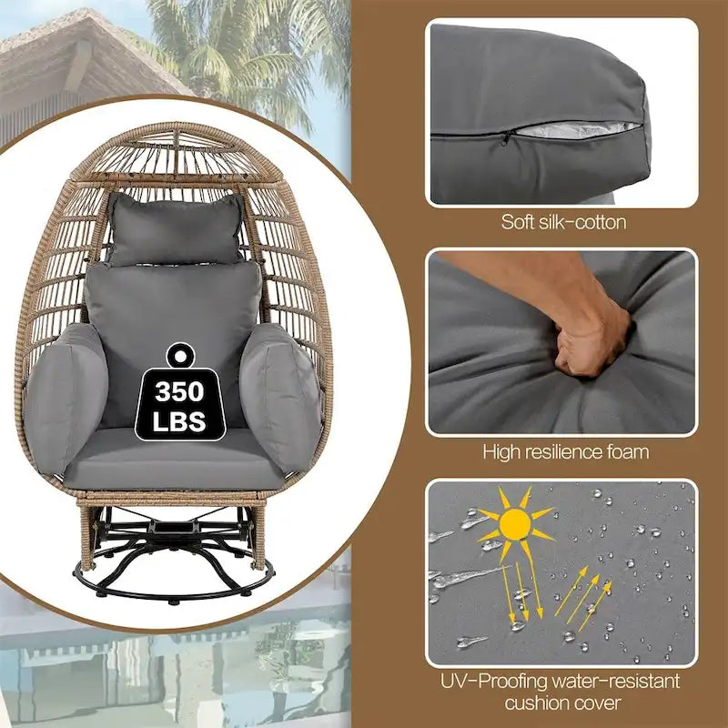 Fauteuil pivotant de jardin en rotin en forme d'œuf avec coussins et fonction à bascule