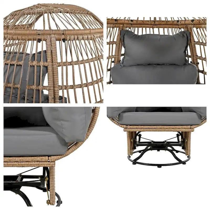 Fauteuil pivotant de jardin en rotin en forme d'œuf avec coussins et fonction à bascule