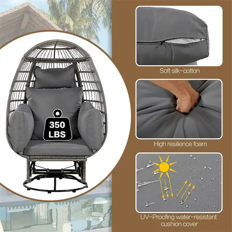 Fauteuil pivotant de jardin en rotin en forme d'œuf avec coussins et fonction à bascule