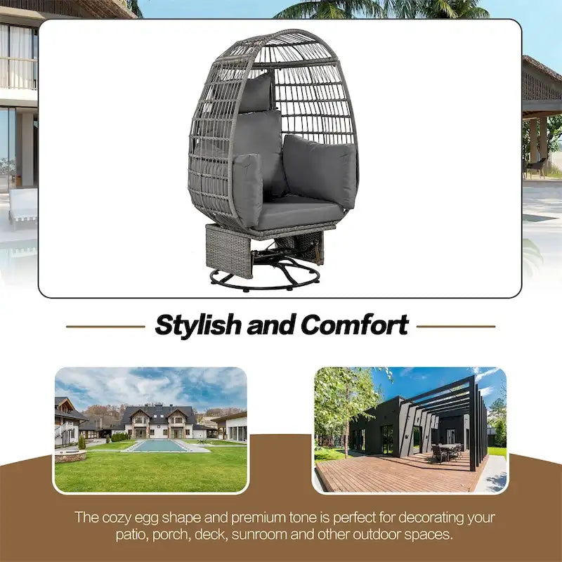 Fauteuil pivotant de jardin en rotin en forme d'œuf avec coussins et fonction à bascule