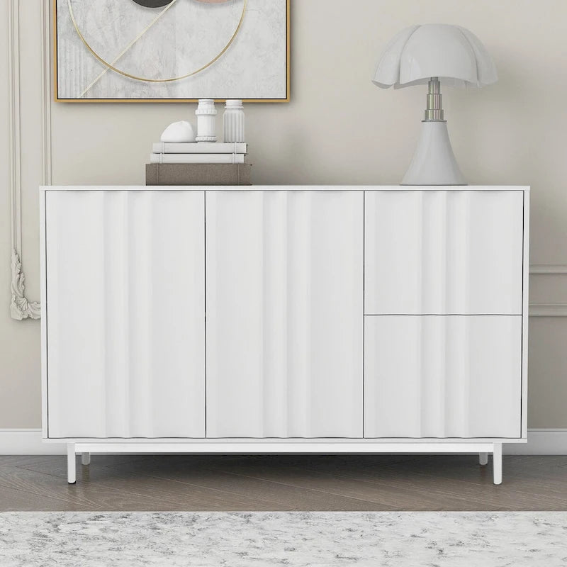 Meuble de Rangement Motif Vague avec 2 Portes et 2 Tiroirs, Réglable, Adapté pour Bureau, Entrée et Salon