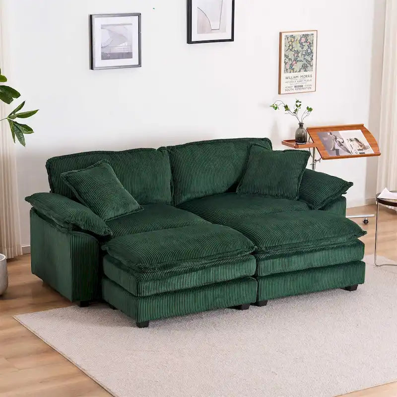 Canapé 2 places moderne en velours côtelé avec 4 coussins de soutien et 2 poufs