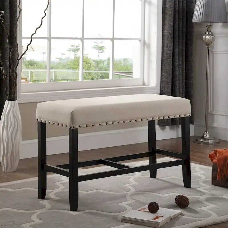 Banc de salle à manger à hauteur de comptoir en tissu avec clous décoratifs