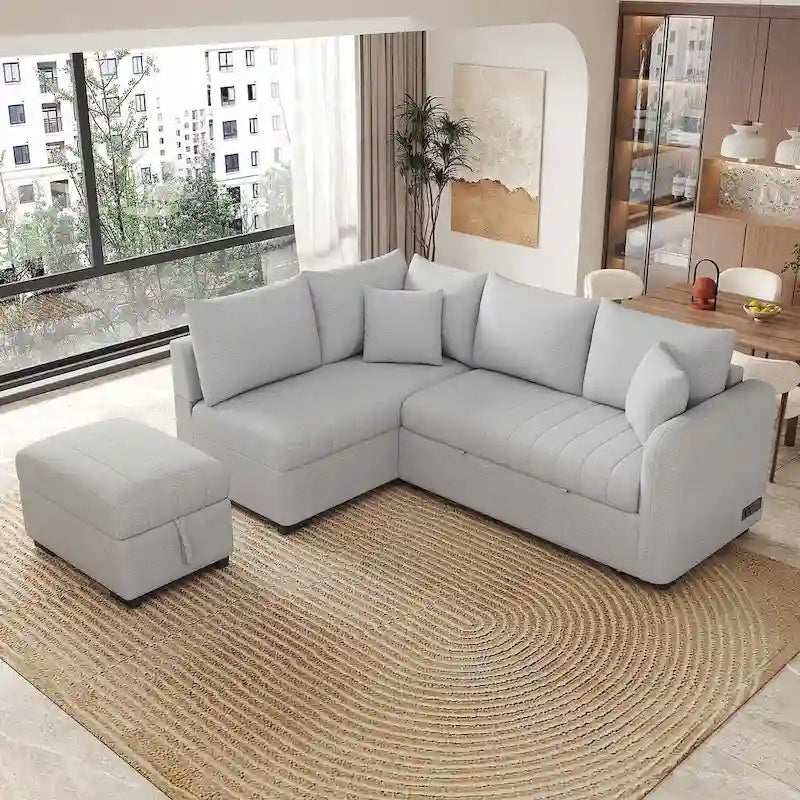 Canapé d'angle convertible rembourré avec pouf de rangement mobile, canapé-lit escamotable en forme de L