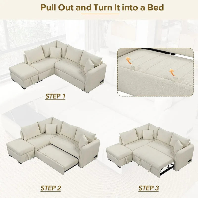 Canapé d'angle convertible rembourré avec pouf de rangement mobile, canapé-lit escamotable en forme de L