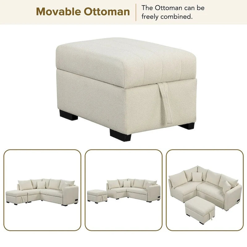 Canapé d'angle convertible rembourré avec pouf de rangement mobile, canapé-lit escamotable en forme de L