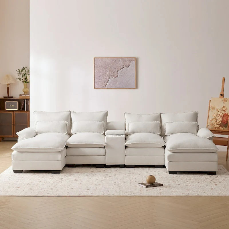 Canapé d'angle en U 123*55 avec console, porte-gobelets et ports USB, ensemble de canapés-lits symétriques rembourrés à 6 places avec méridienne