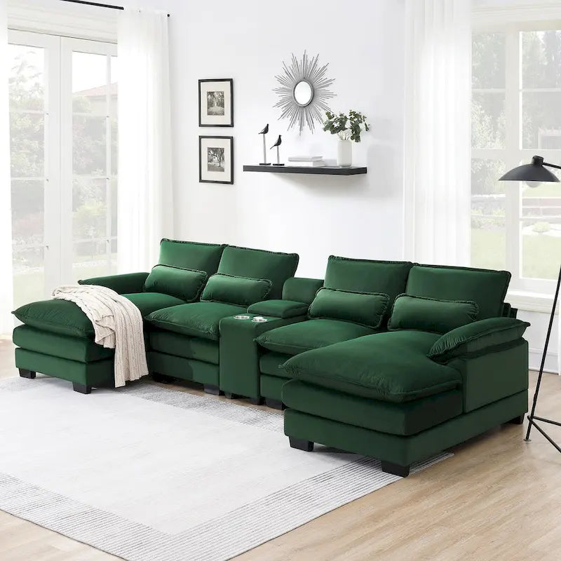 Canapé d'angle en U 123*55 avec console, porte-gobelets et ports USB, ensemble de canapés-lits symétriques rembourrés à 6 places avec méridienne