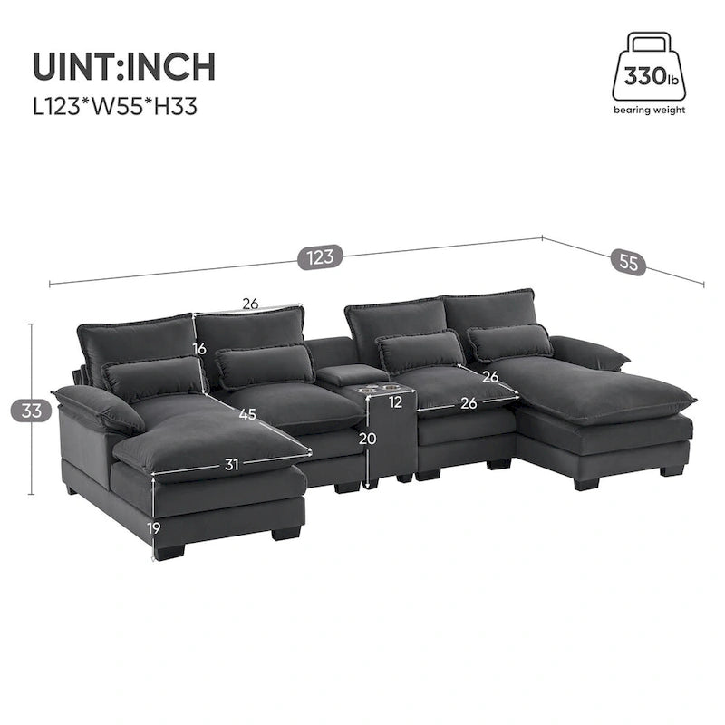 Canapé d'angle en U 123*55 avec console, porte-gobelets et ports USB, ensemble de canapés-lits symétriques rembourrés à 6 places avec méridienne