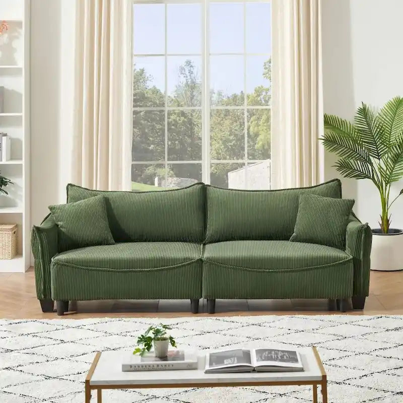 Tissu velours côtelé vert 2345, le canapé peut être converti en canapé-lit avec deux coussins décoratifs