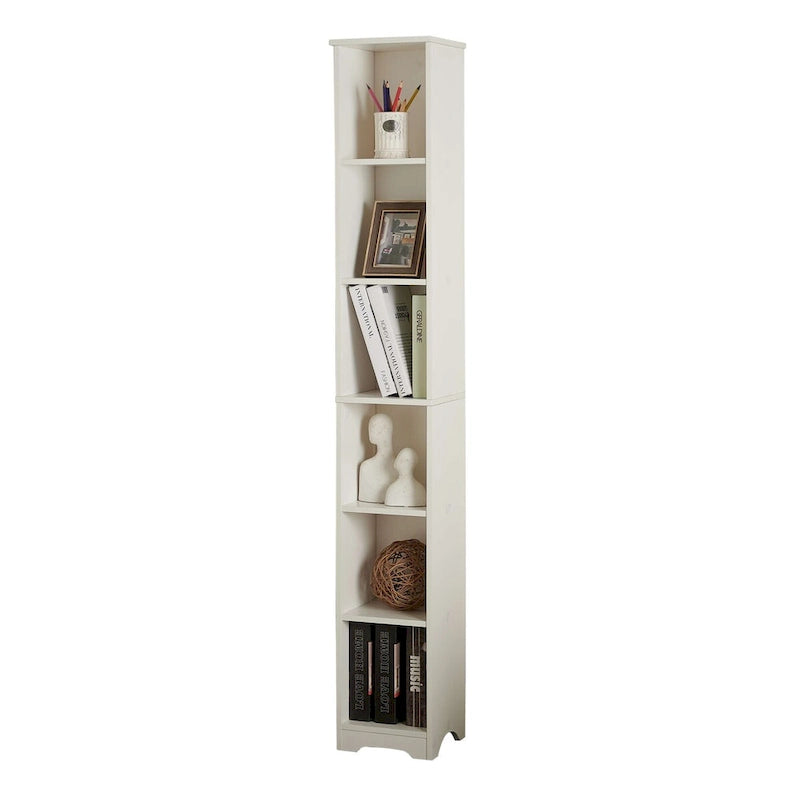 Étagère de rangement étroite et mince à 6 niveaux, bibliothèque multimédia, blanche