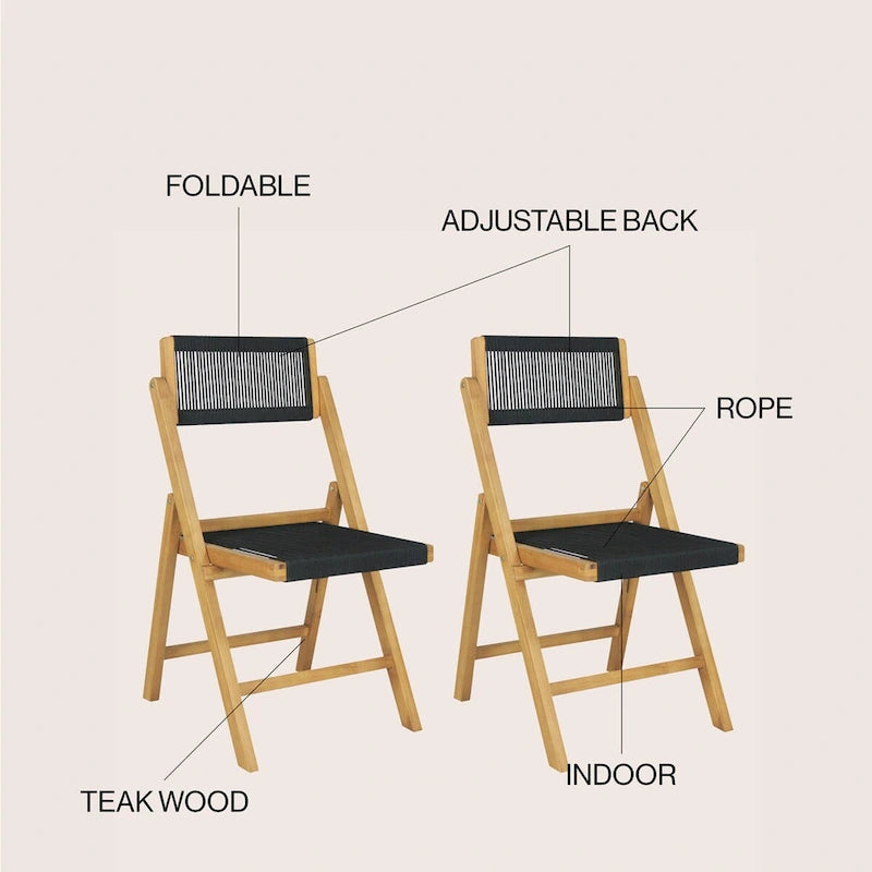 Lot de 2 chaises pliantes en bois modernes Kiawah Coastal avec corde et dossier réglable, Noir/Naturel, par JONATHAN Y