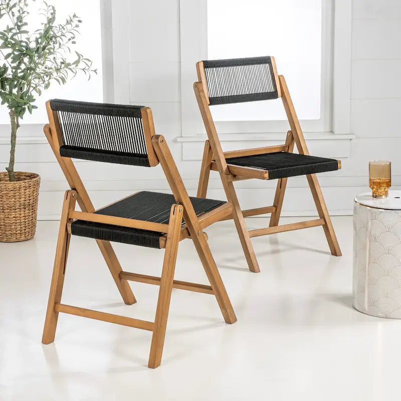 Lot de 2 chaises pliantes en bois modernes Kiawah Coastal avec corde et dossier réglable, Noir/Naturel, par JONATHAN Y