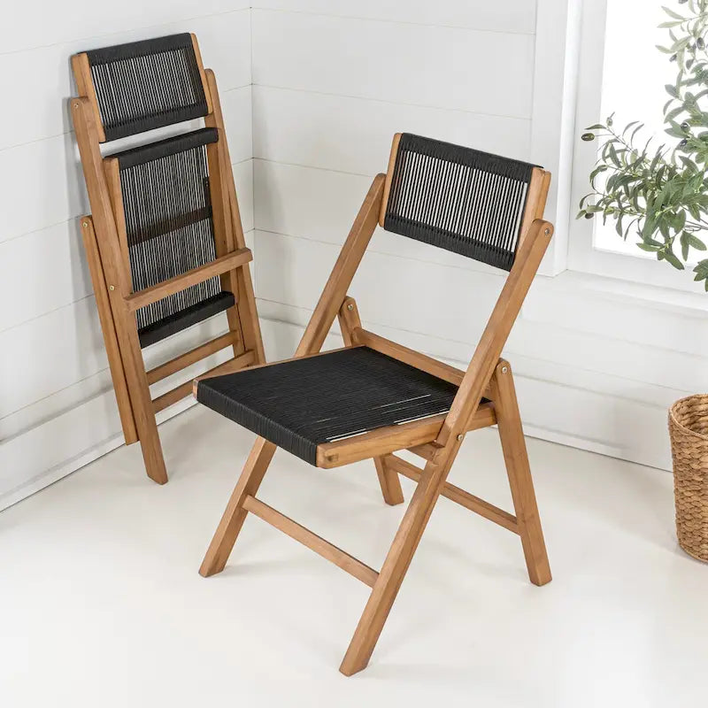 Lot de 2 chaises pliantes en bois modernes Kiawah Coastal avec corde et dossier réglable, Noir/Naturel, par JONATHAN Y